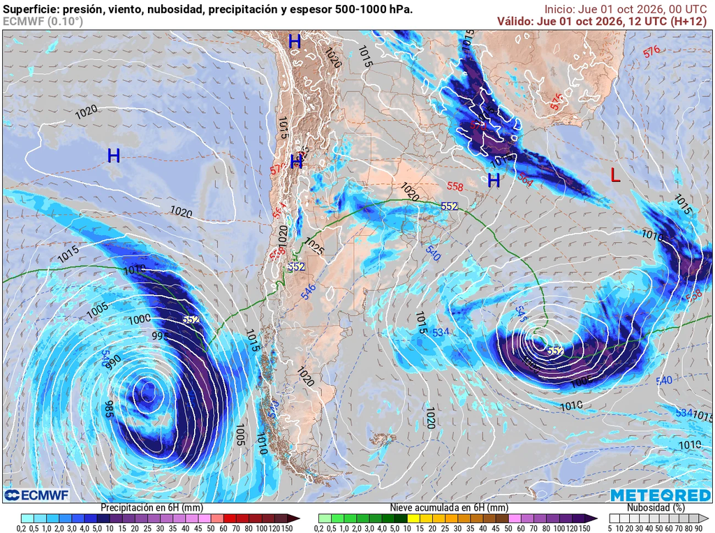 mapa de lluvias. El sistema frontal avanzará sobre la zona central durante el viernes, acompañado por precipitaciones y actividad convectiva.