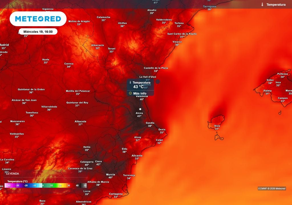 Los modelos coinciden en máximas de podrían rozar los 45 ºC en el litoral de Valencia.