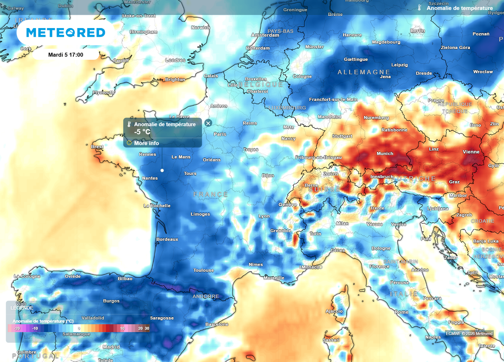 Mardi 5 mai, la fraîcheur sera de mise sur la France, notamment dans l'après-midi à l'Ouest, avec parfois des valeurs 5°C sous les moyennes de saison !