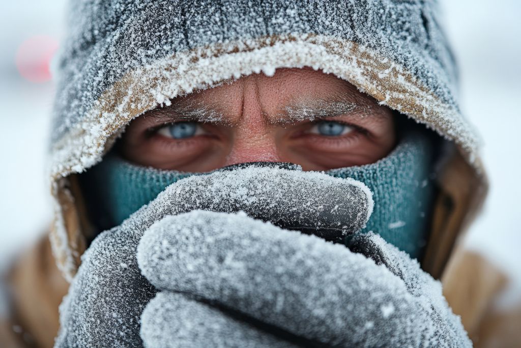 man dressed in winter gear with a frosty face mask