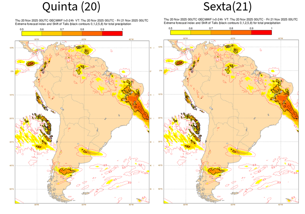 EFI do ECMWF para precipitação nos nesta quinta (20) e sexta-feira (21). Créditos: Adaptado de ECMWF.
