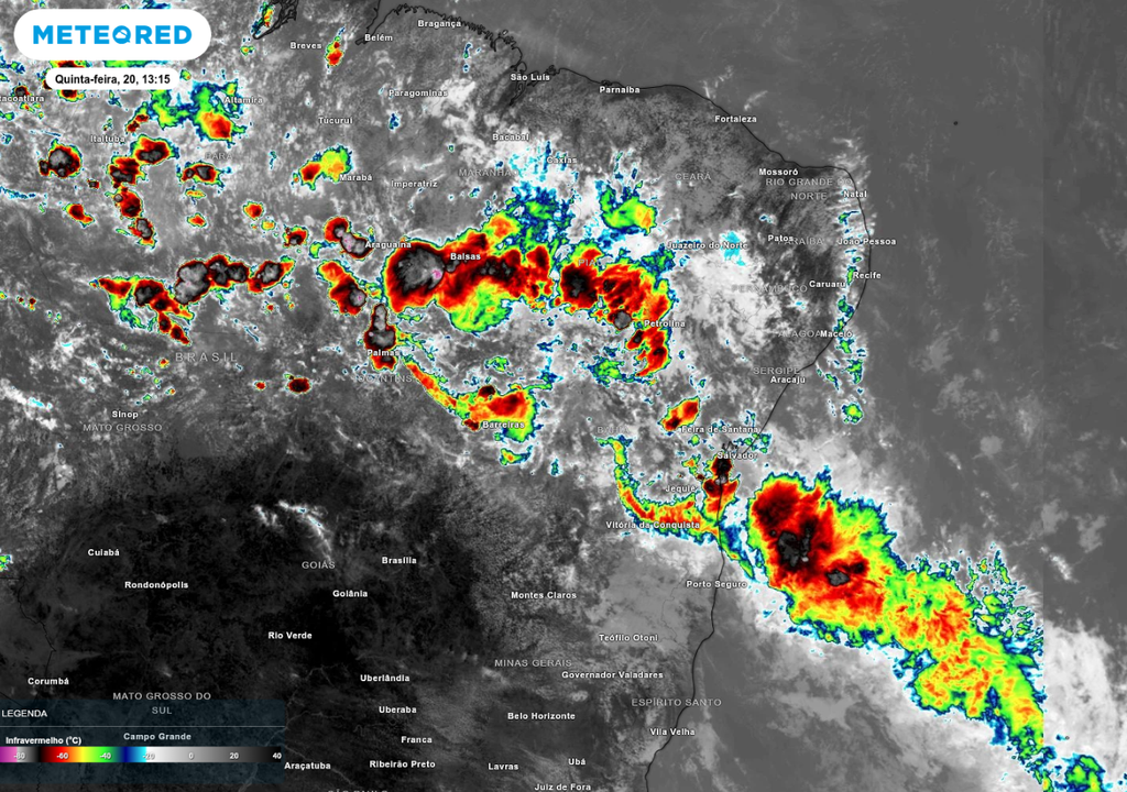 Imagem de satélite desta quinta-feira (20) mostra tempestades sobre o Nordeste.
