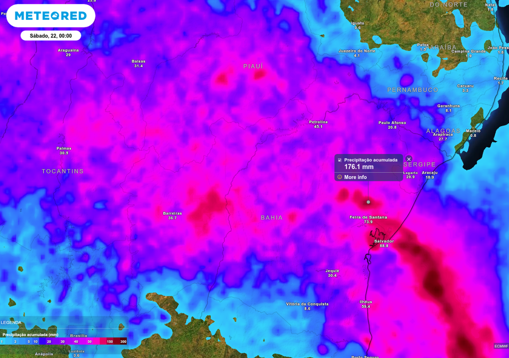 Previsão de chuva acumulada até o final da sexta-feira (21), de acordo com o ECMWF.