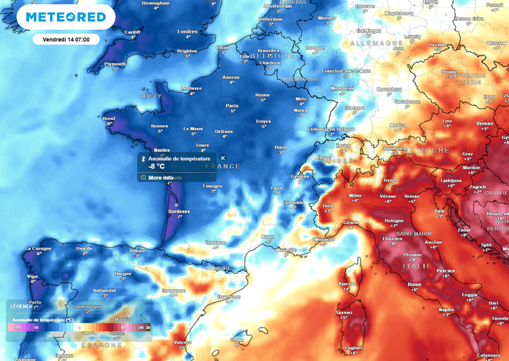 Avec l'arrivée d'une masse d'air froid, les températures repasseront en dessous des normales de saison quasiment partout.