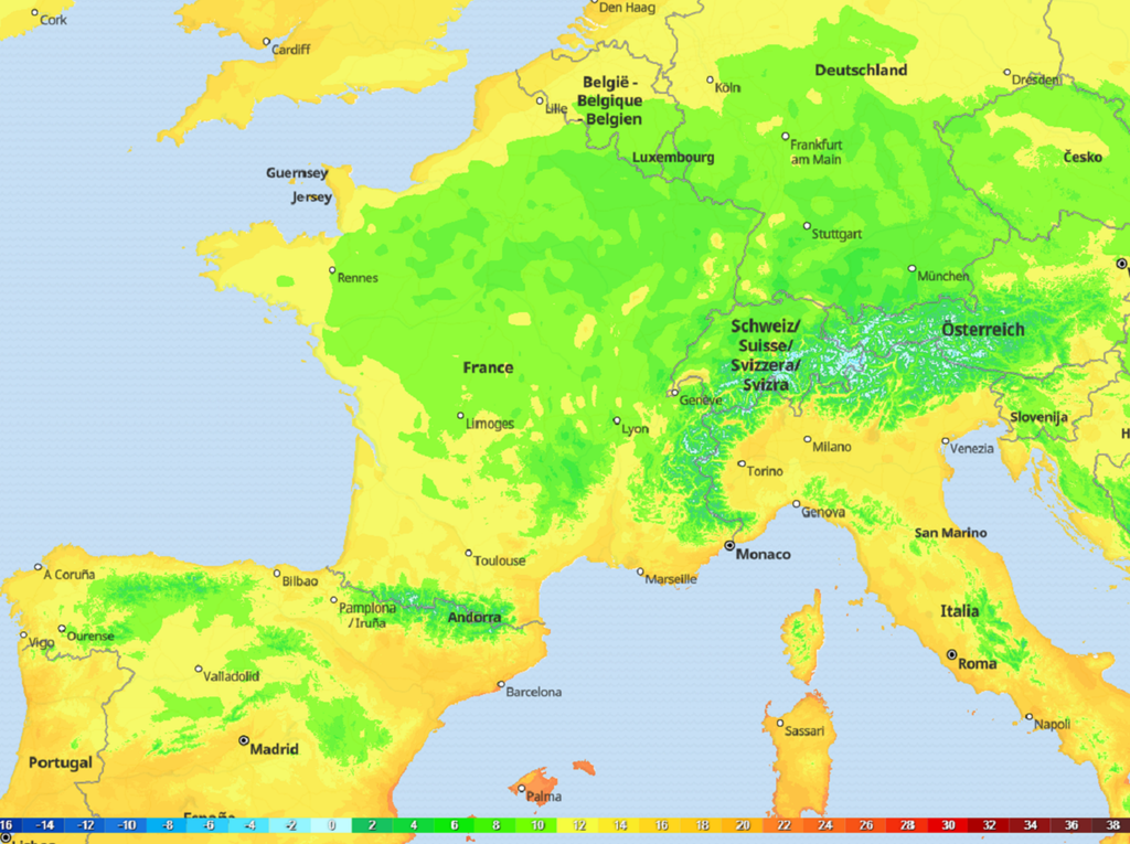 Carte des températures prévues jeudi matin (via tameteo). Carte des températures prévues jeudi matin (via tameteo).