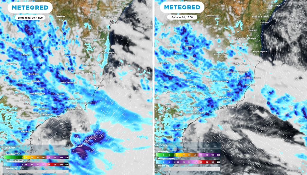 Previsão de chuvas (mm) e nebulosidade para sexta-feira (30) às 14h à esquerda e sábado (31) às 15h à direita.