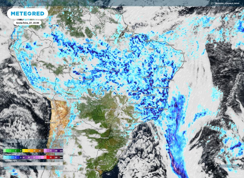 Mapa de precipitação e nebulosidade na tarde de sexta (27).