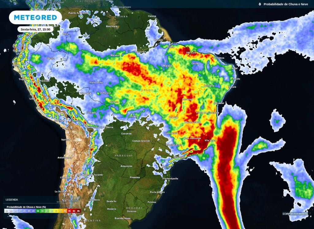 Mapa de probabilidade de chuva para a tarde de sexta-feira (27).