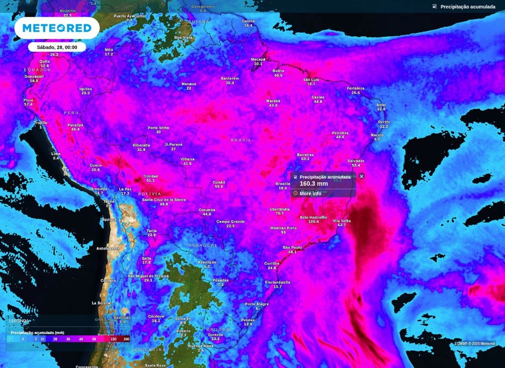 Previsão de chuva acumulada entre quarta (25) e sexta-feira (27). Indicadores mostram volumes superiores a 150 mm em áreas pontuais de MG.