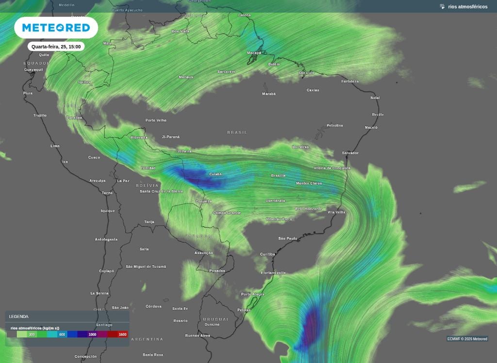 Rios atmosféricos indica corredor de umidade cortando o Brasil sobre o Centro-oeste e Sudeste.