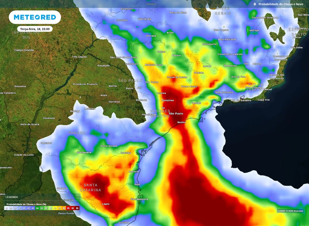 Probabilidade de chuvas para a tarde desta terça-feira (18), de acordo com o modelo ECMWF. Probabilidade de chuvas para a tarde desta terça-feira (18), de acordo com o modelo ECMWF.