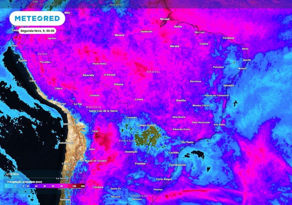 Previsão de acumulados totais de chuva até o final do domingo ilustra regiões que serão mais afetadas pela chuva ao longo deste final de semana, com acumulados de até 100 mm.