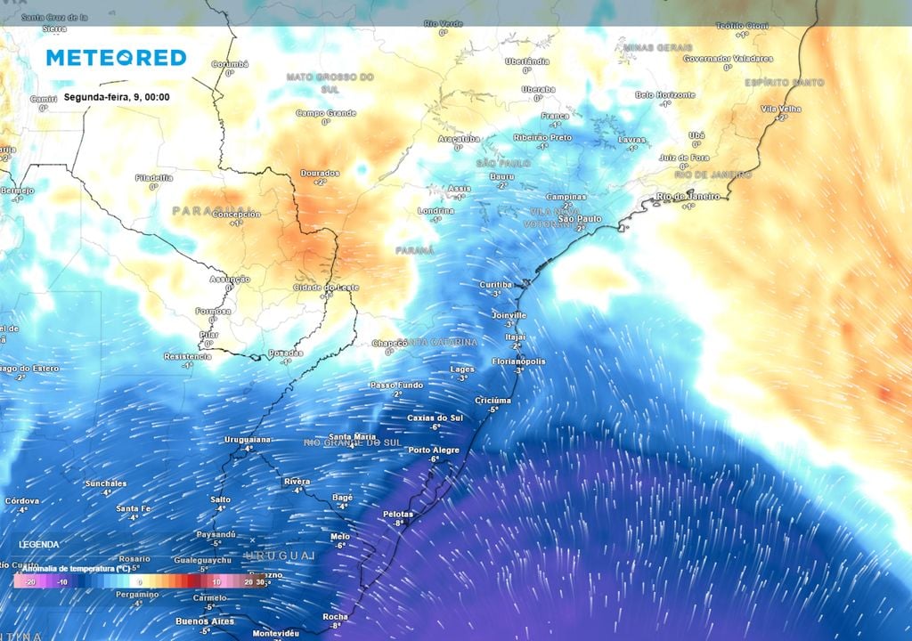 Previsão de anomalias de temperatura em 850 hPa no final do domingo mostra uma massa de ar frio avançando por grande parte da região Sul e chegando também à região Sudeste.