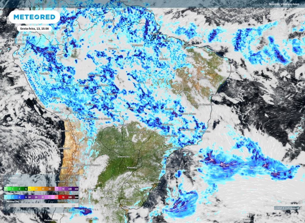 Previsão de chuva e nebulosidade para esta sexta-feira (13).