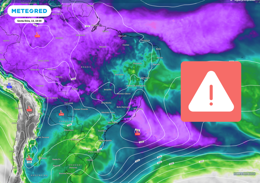 Baixa pressão evolui para ciclone nos próximos dias e mantém alerta para chuvas volumosas no Brasil Central.