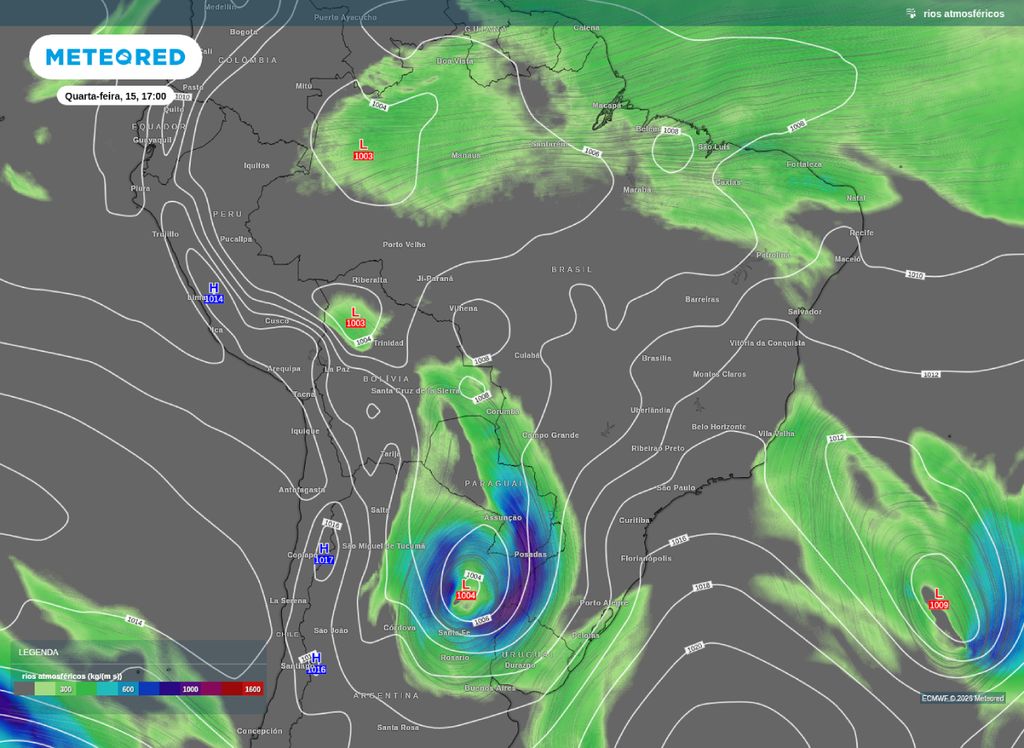 Canal de umidade. Baixa pressão aumenta intensidade de corredor de umidade no oeste do Centro-Oeste e Sul do Brasil.