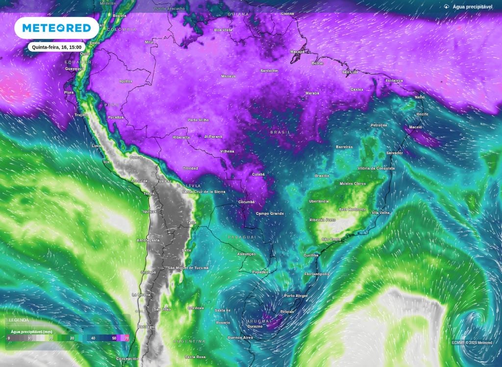 Água precipitável para a tarde desta quinta-feira (16). Água precipitável para a tarde desta quinta-feira (16), segundo o modelo ECMWF.
