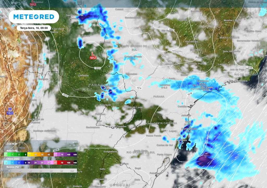 Previsão de nebulosidade e chuva na terça-feira durante a manhã.
