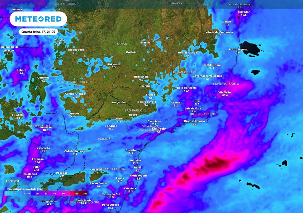 Previsão de acumulados totais de chuva até o final da quarta-feira.