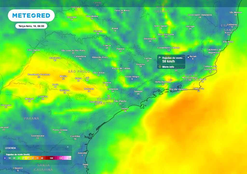Previsão de rajadas de vento na terça-feira durante a manhã.