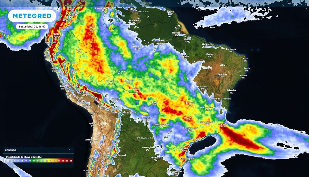 Previsão de probabilidade de chuva na sexta-feira durante a tarde. Previsão de probabilidade de chuva na sexta-feira durante a tarde ilustra a abrangência das chuvas ao longo do dia, que atingem uma faixa entre o Sudeste, Centro-Oeste e Norte do país.