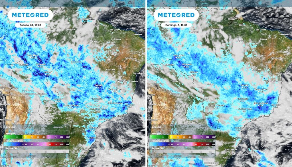 Previsão de nebulosidade e chuva no sábado e no domingo. Previsão de nebulosidade e chuva no sábado e no domingo mostram que uma faixa de precipitação continuará atingindo boa parte do Sudeste, Centro-Oeste e Norte no fim de semana.