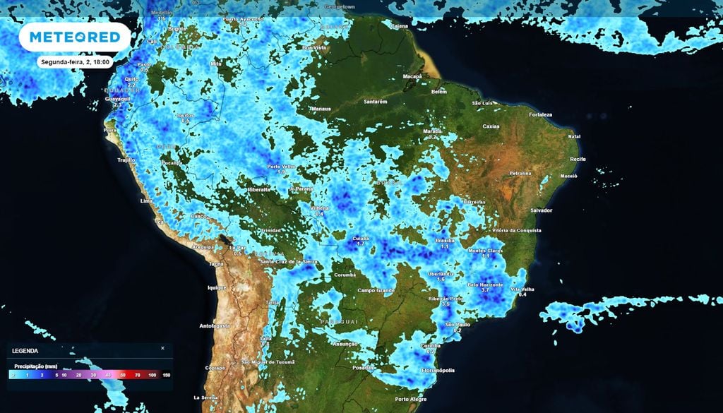 Previsão de chuvas na segunda-feira de tarde. Previsão de chuvas na segunda-feira ilustra regiões e estados que serão mais afetados pela chuva ao longo do feriado de Finados, com destaque para SP, MG, RJ, ES, GO, DF e MT.