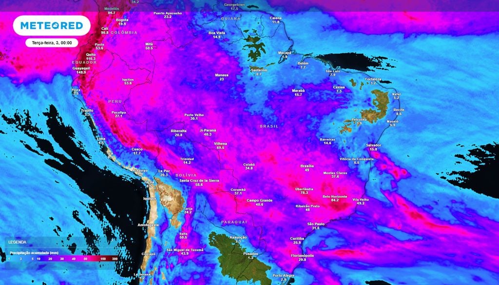 Previsão de acumulados totais de chuva até o final da segunda-feira de feriado. Previsão de acumulados totais de chuva até o final da segunda-feira de feriado mostra que estados como Minas Gerais e Goiás serão os mais atingidos, com acumulados de até 200 mm.