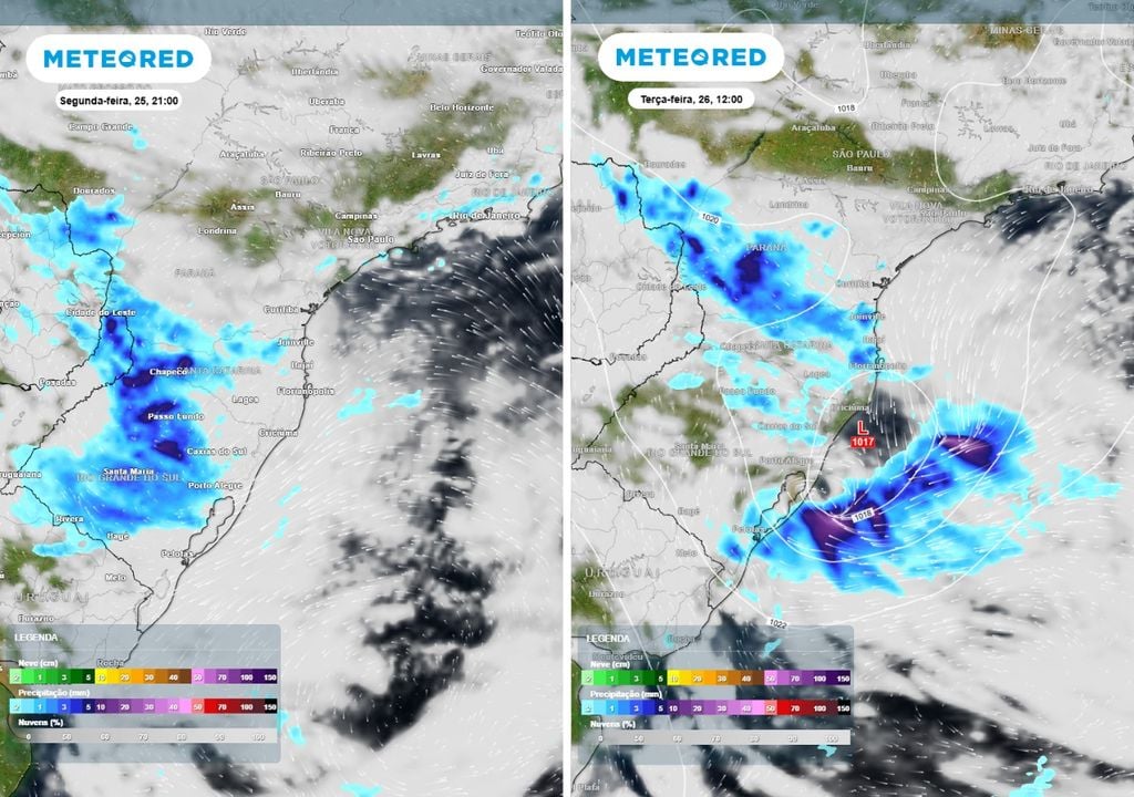 Previsão de precipitação (em mm) e nebulosidade para segunda-feira (25) à noite (21h) à esquerda e terça-feira (26) às 12h à direita, segundo o modelo europeu ECMWF.