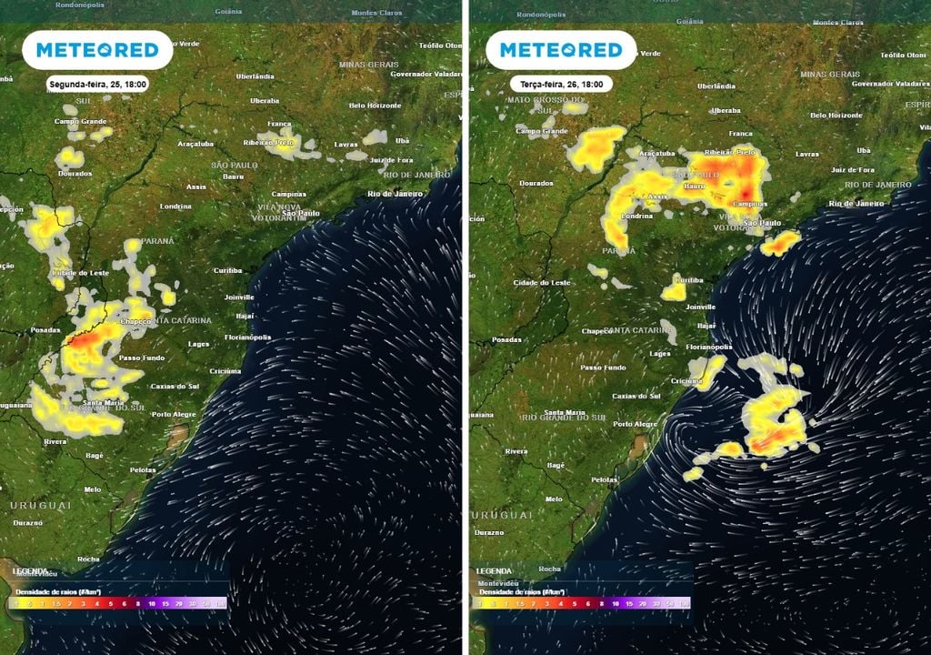 Previsão de densidade de raios (descargas elétricas) para segunda-feira (25) às 18h à esquerda e para terça-feira (26) às 18h à direita, segundo o modelo europeu ECMWF.