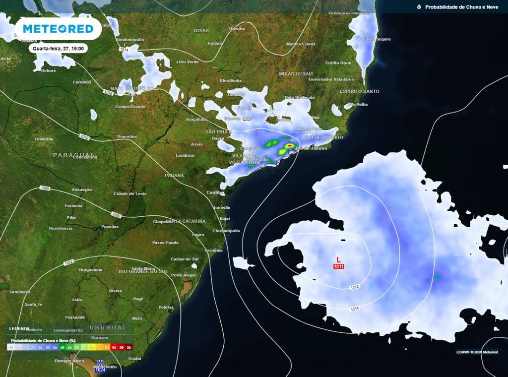 Previsão da probabilidade de precipitação (%) para quarta-feira (27) à tarde (15h), segundo o modelo europeu ECMWF.