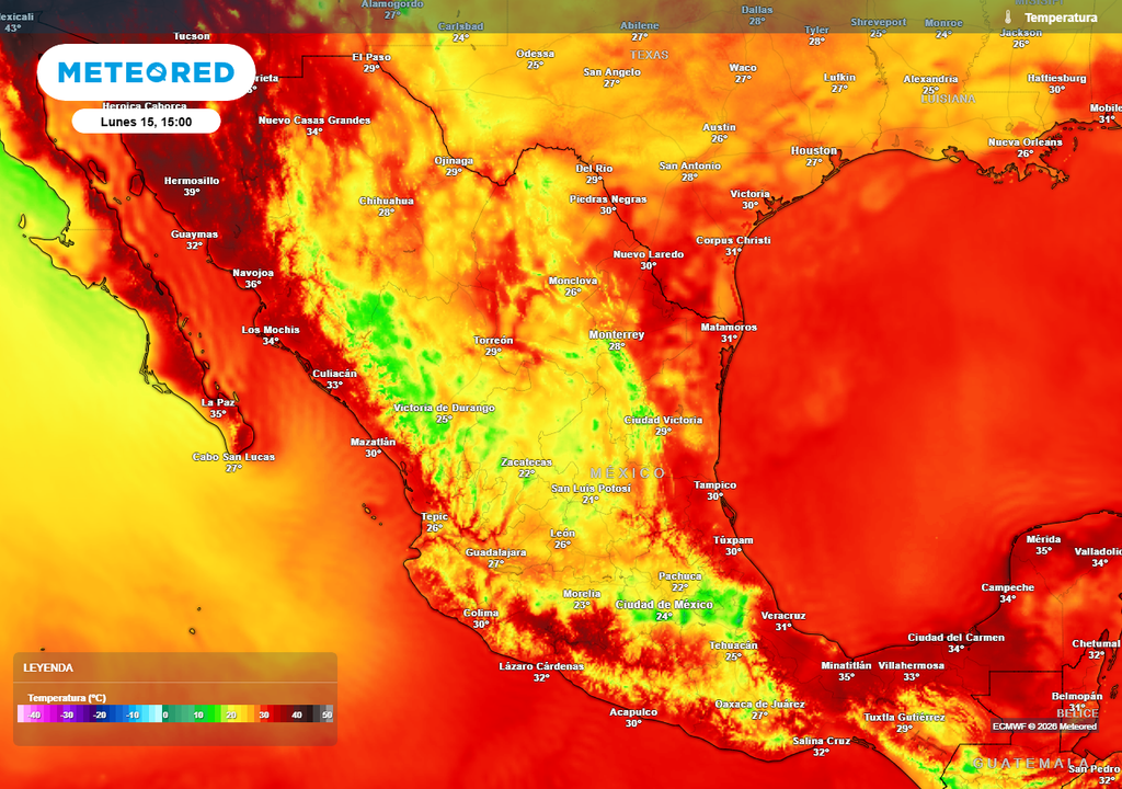 Pronóstico de temperaturas en grados Celsius El calor disminuirá este fin de semana e iniciando la próxima en estados del norte con 20-35 °C de máximas, siendo menores posterior a las lluvias previstas.