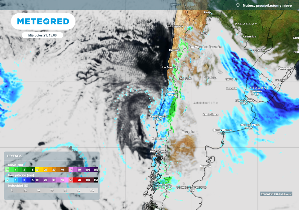 mapa de lluvia y nieve prevista.