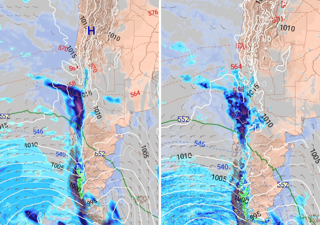 Comparación GFS vs. ECMWF: ambos modelos coinciden en precipitaciones para el centro-sur y sur de Chile el próximo jueves 23, aunque con algunas diferencias en intensidad y extensión del evento.