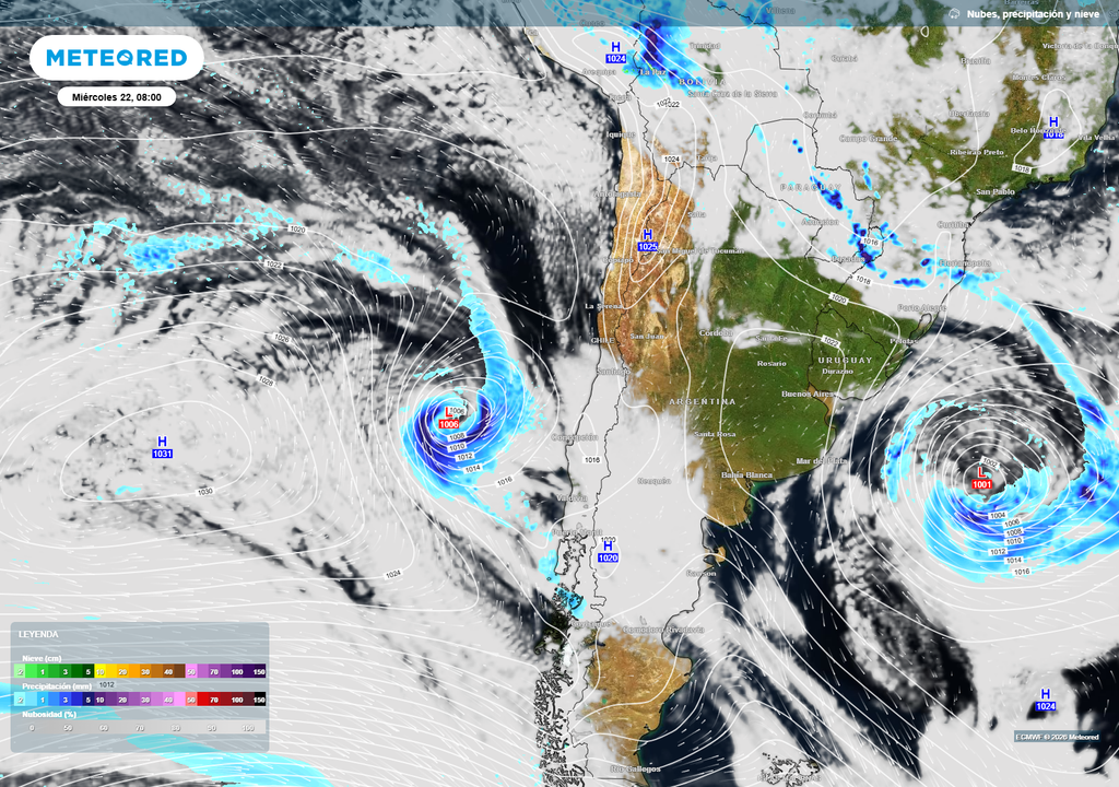 Centro de baja presión se aproxima al centro-sur y sur de Chile: sistema frontal asociado dejaría lluvias entre Maule y Los Ríos hacia el jueves 23 de abril.