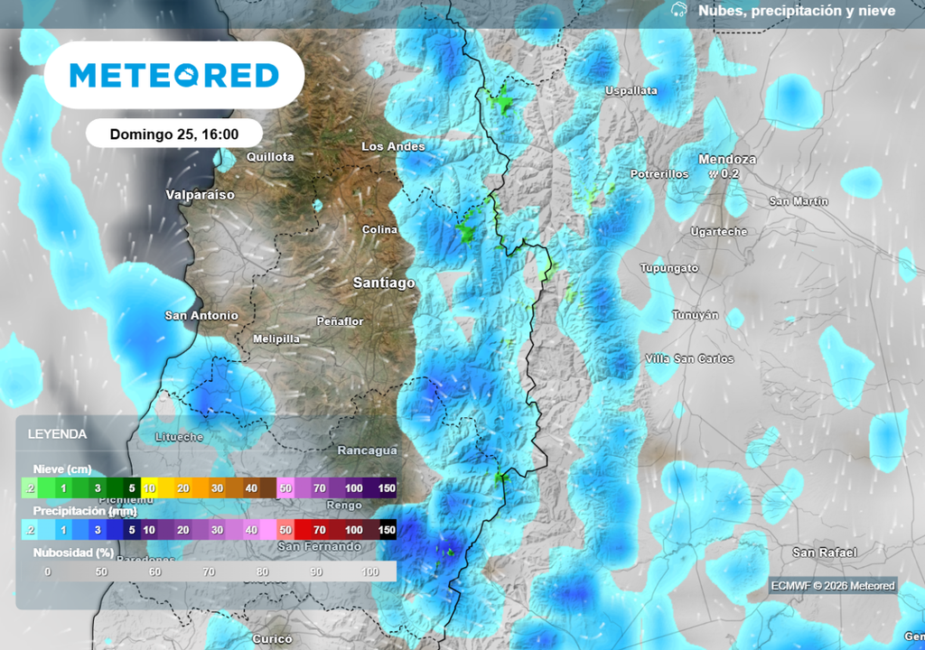 ECMWF Modelo ECMWF proyecta el inicio de la inestabilidad en horas de la tarde del domingo (25). LLuvias se concentran en la cordillera central.
