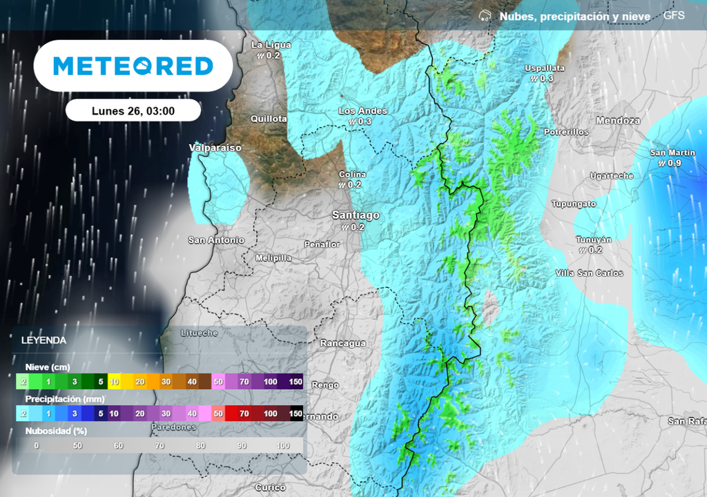 GFS Modelo GFS prevé el escenario inestable en horas de la madrugada del lunes y más enfocado en zonas cordilleranas.