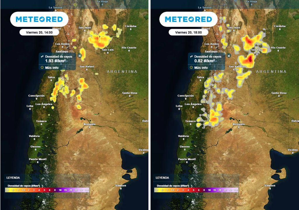 Densidad de rayos (#/km2) para la tarde del viernes 20 de febrero 2026 en las zonas centro y sur de Chile.