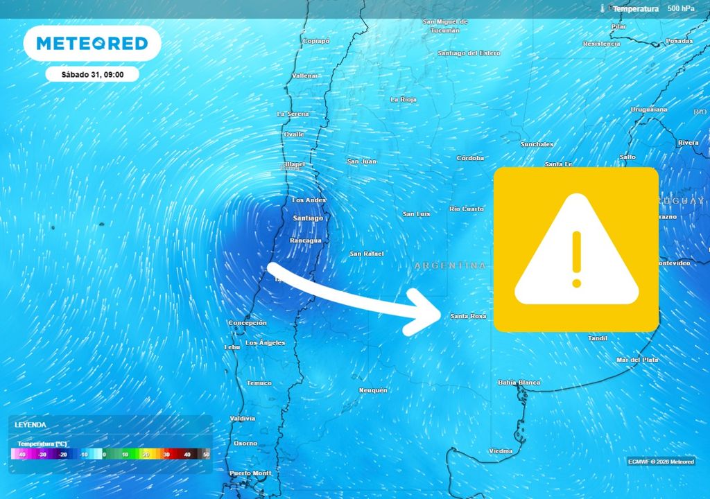 mapa de temperatura en 500 hPa Una baja segregada aterrizará sobre la RM este fin de semana dejando no solo un descenso térmico, sino que también posibilidad de chubascos en altura.