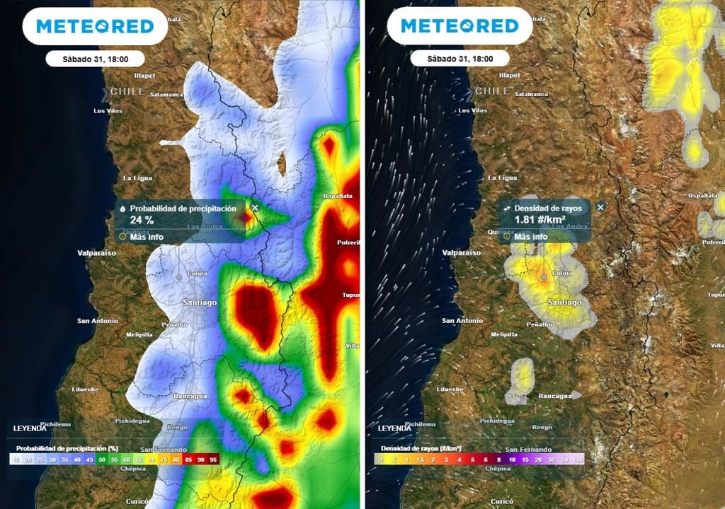 mapas de probabilidad de precipitaciones y densidad de rayos Este sábado podrían registrarse chubascos en la RM, aunque la probabilidad es baja. Además, no se descarta la ocurrencia de tormentas en la tarde.