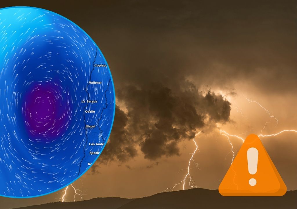 baja segragada y simbolo de alerta meteoro lógica sobre una foto de tormenta eléctrica