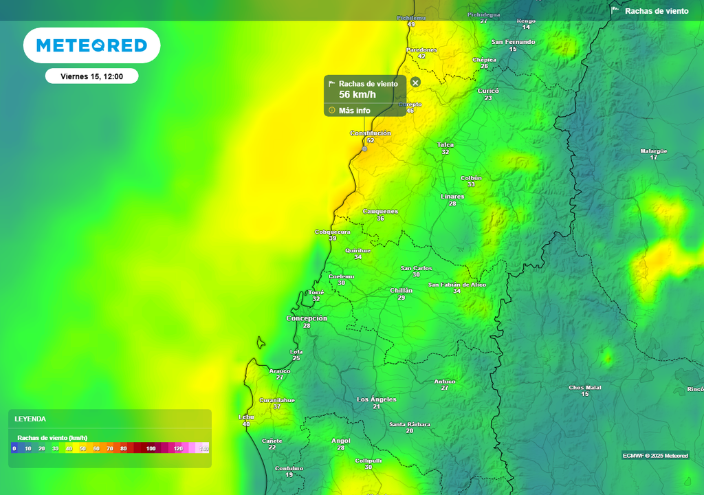 Rachas de viento de 50 km/h en la Región de Maule por baja segregada, Meteored, Chile