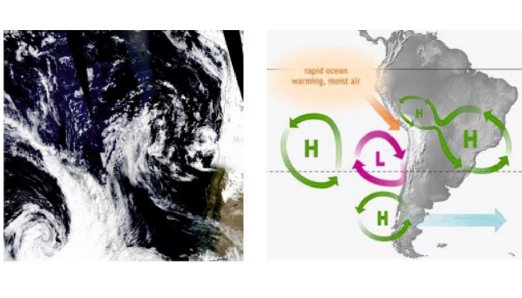 imagen baja segregada 2015. Imagen satelital y esquema sinóptico de la baja segregada que afectó al norte de Chile entre el 24 y 26 de marzo de 2015, episodio que dejó cerca de 70 mm en sectores de Atacama y provocó inundaciones y aluviones. Crédito: DMC / NOAA Climate.gov / AQUA MODIS.