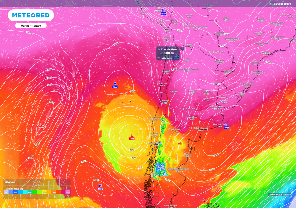 mapa de cota de nieve. El modelo ECMWF proyecta una isoterma cero elevada en el norte de Chile, cercana o sobre los 3.500 metros, favoreciendo que las precipitaciones puedan caer en forma líquida a gran altura.
