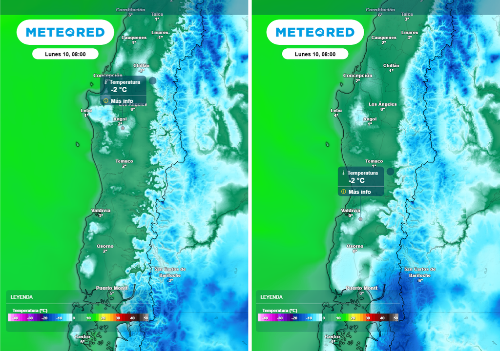 Helada matinal para el lunes (10) en Chile centro-sur Temperatura mínima (°C) para el lunes (10) en el centro-sur de Chile. Proyección del ECMWF (imagen izquierda) y GFS (imagen derecha).