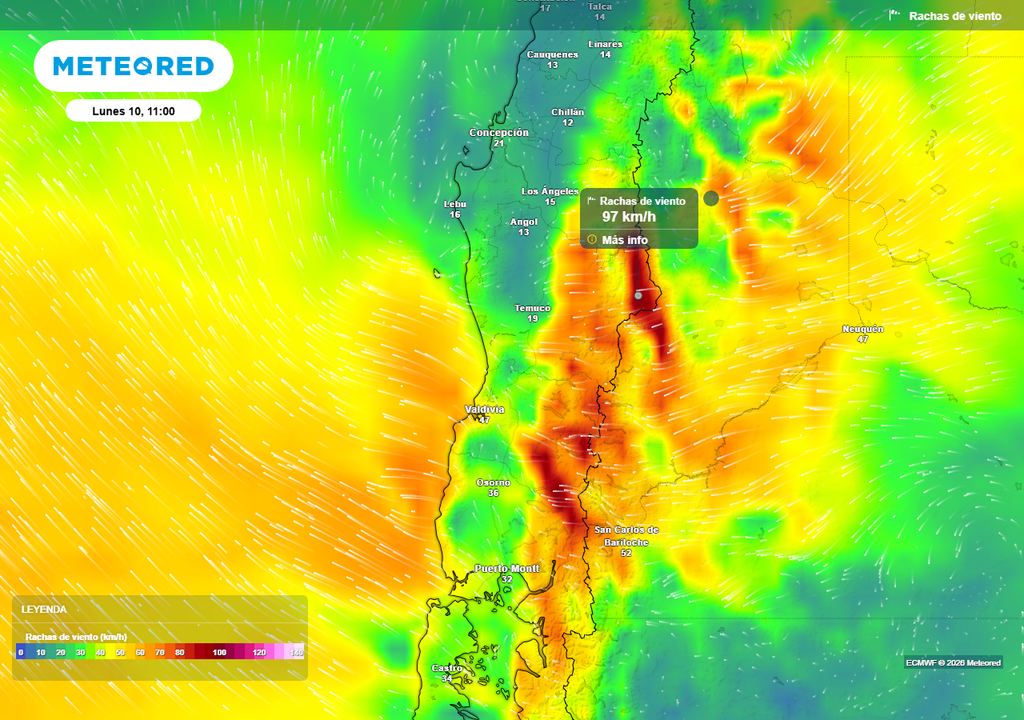 Rachas de viento de 100 km/h para Chile centro-sur Rachas de viento (km/h) para la mañana del lunes (10) en el centro-sur de Chile.