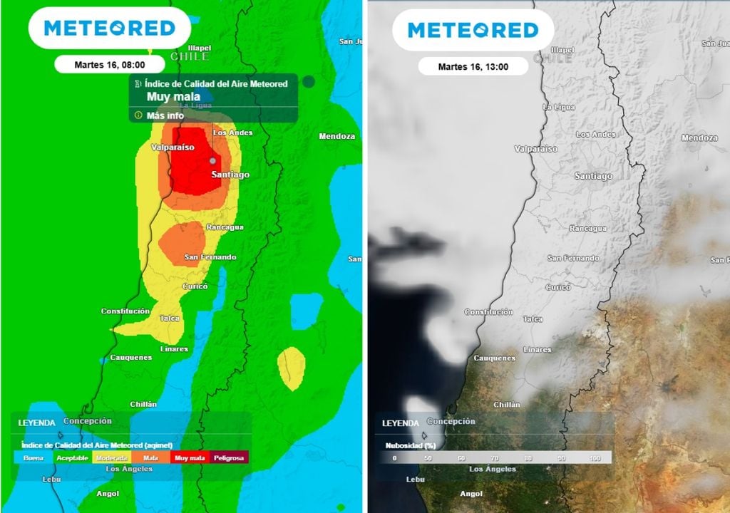 mapas de índice de calidad del aire y nubosidad Este martes seguiremos con mala calidad del aire en la zona central. Además, se prevé nubosidad para gran parte del día.