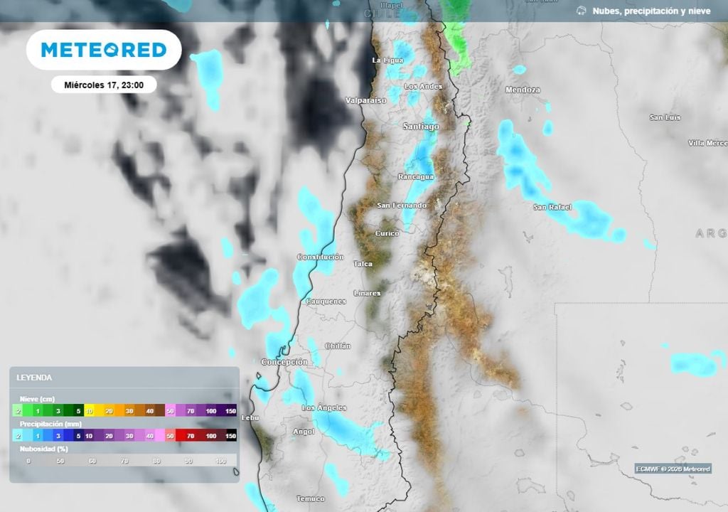 mapa de precipitaciones Este miércoles en la tarde y noche podrían caer algunas gotas en la zona central: los chubascos serán débiles y aislados, pudiendo extenderse hasta la madrugada del jueves.