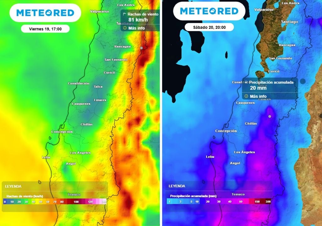 mapas de rachas de viento y precipitación acumulada Para el fin de semana se prevé la llegada de un sistema frontal que podría dejar, además de precipitaciones, vientos fuertes en la cordillera de la zona central.