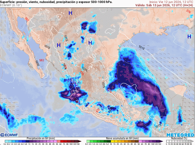Presión en superficie y precipitaciones previstas para los próximos días en la zona del Golfo de México. Tiempo.com